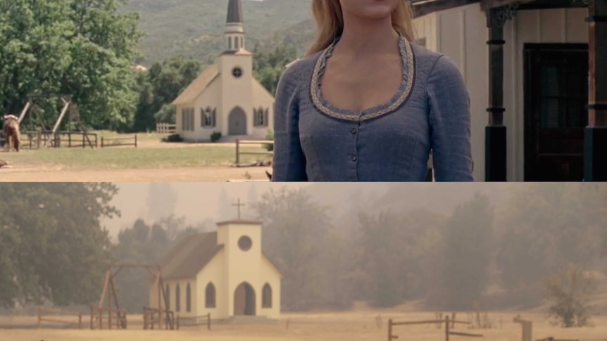 Two stacked images of a chapel at Paramount Ranch before and after the California wildfires swept through.