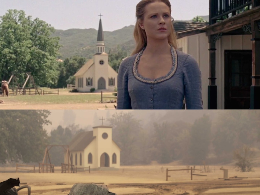 Two stacked images of a chapel at Paramount Ranch before and after the California wildfires swept through.