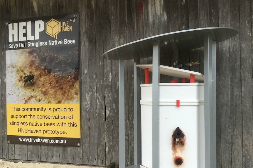 A trial bee hive with a sign next to it.