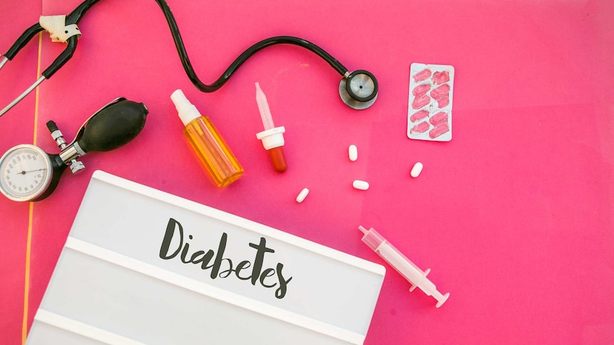 Sign that says 'diabetes', alongside medication and medical equipment