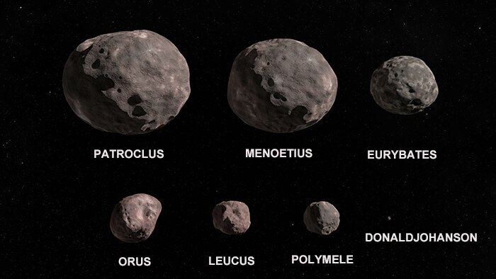 Seven asteroids against a black background