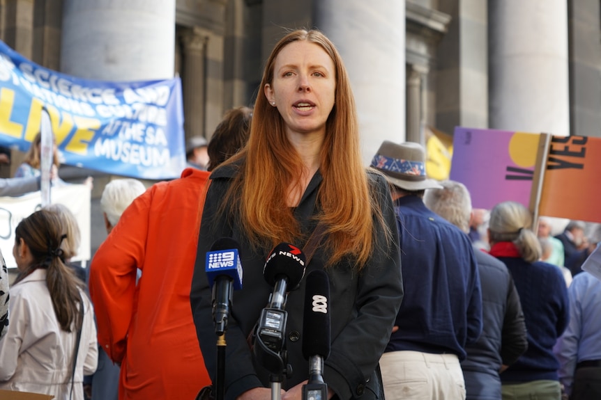 A woman with long red hair speaking to microphones at a rally outside parliament house