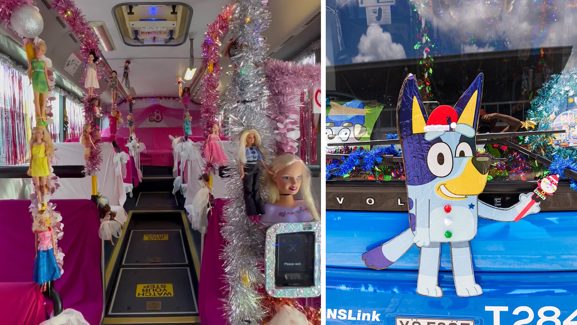 A split photo of the interior of both Barbie and Bluey-themed buses.