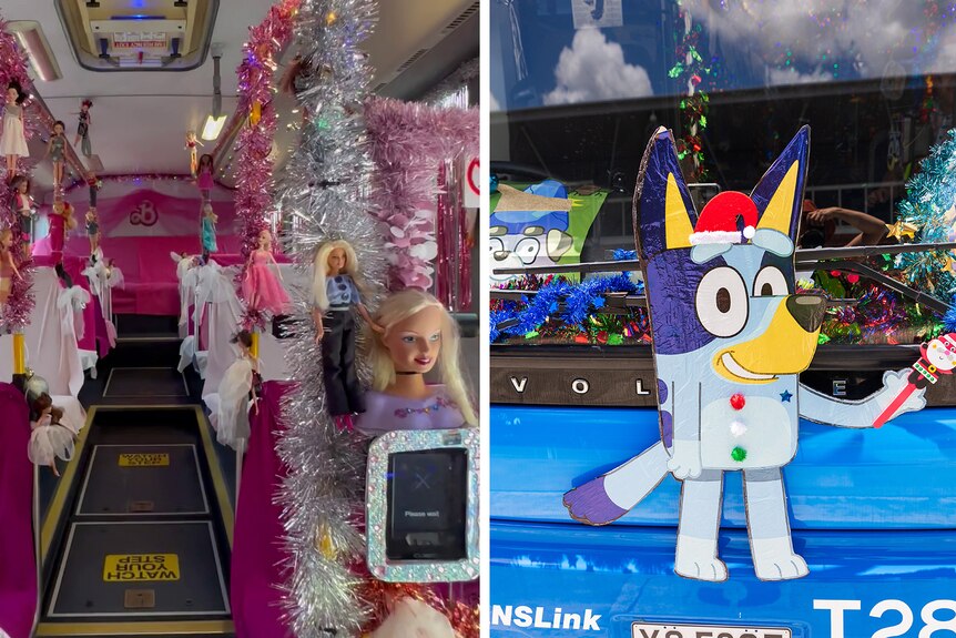 A split photo of the interior of both Barbie and Bluey-themed buses.