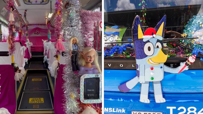 A split photo of the interior of both Barbie and Bluey-themed buses.