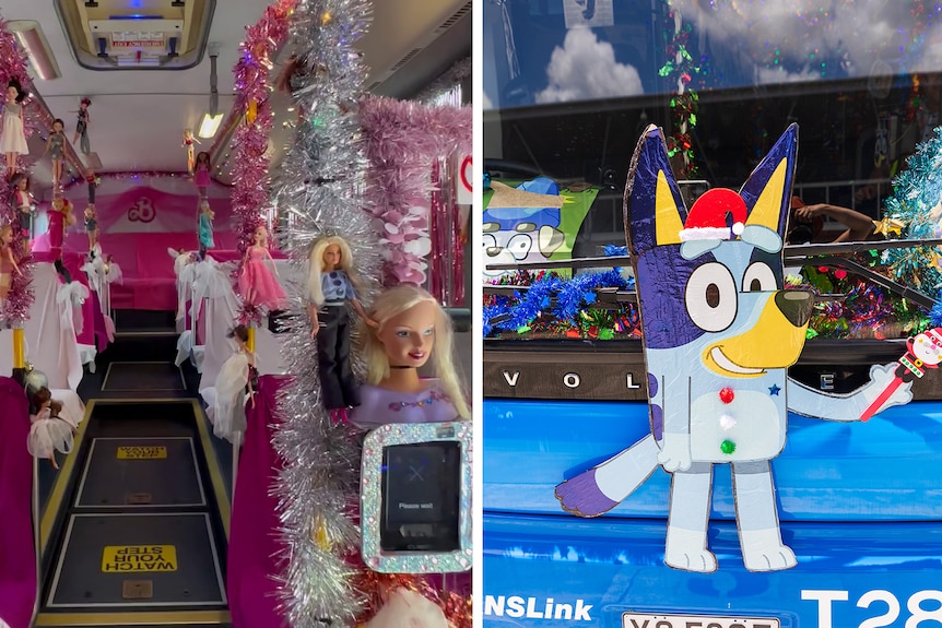 A split photo of the interior of both Barbie and Bluey-themed buses.