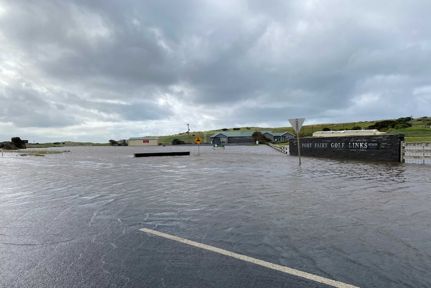 A golf course car park is completely flooded.