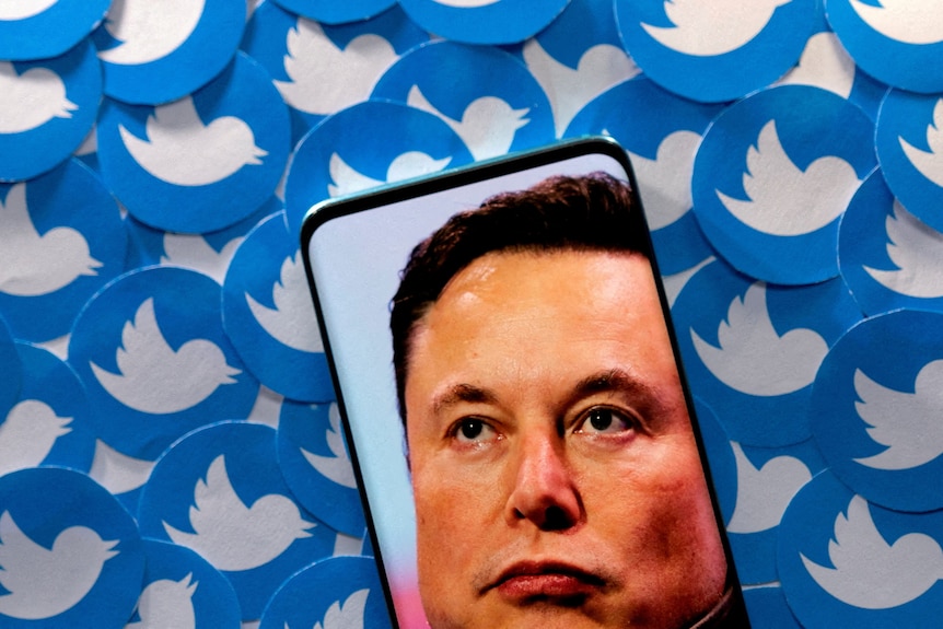 An image of Elon Musk is seen on a smartphone placed on a large number of printed Twitter logos