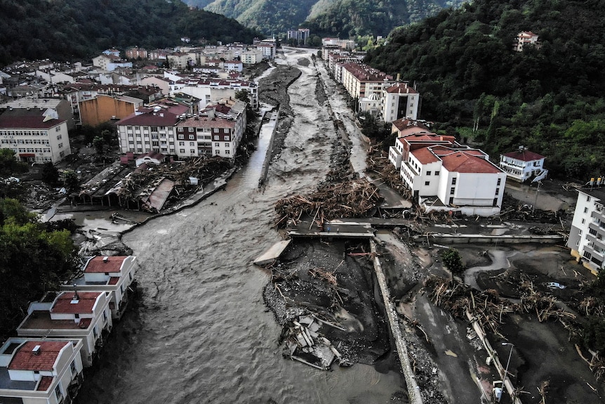 Destroyed buildings after flooding in northern Turkey