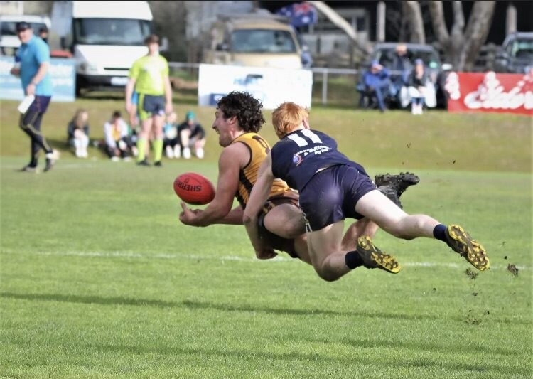 A football player in blue tackles another player in yellow on a footy ground as people watch on, cars in the distance.