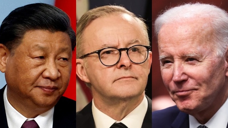 Composite image of Xi Jinping, Anthony Albanese and Joe Biden.