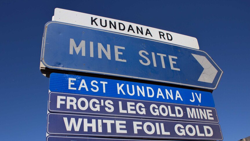 A road sign near Kalgoorlie-Boulder points the way to mines near Kundana.