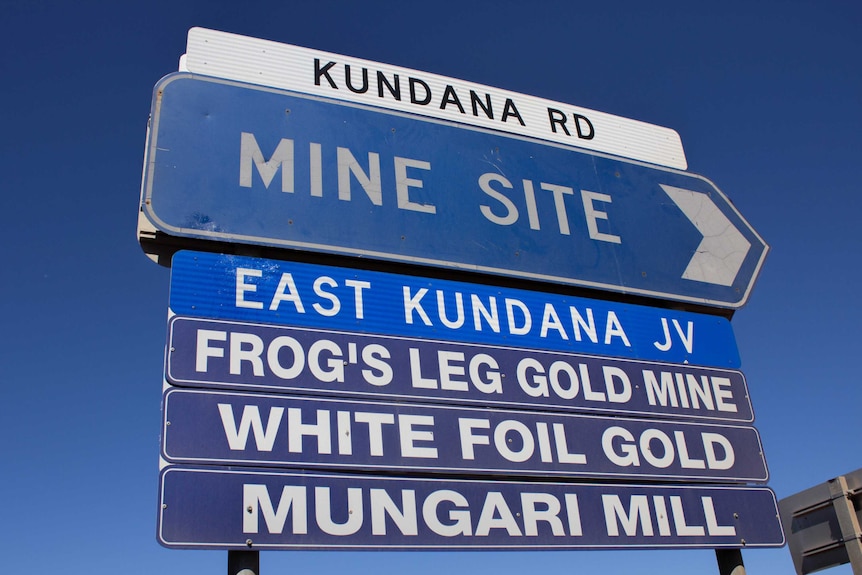 A road sign near Kalgoorlie-Boulder points the way to mines near Kundana.