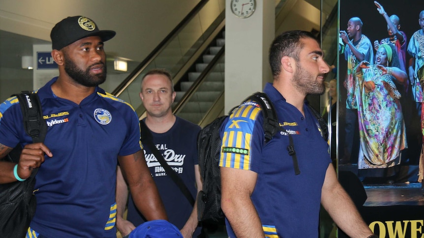 Parramatta Winger Sami Radrada and captain Tim Mannah at Darwin airport before their NRL match with the Canberra Raiders.