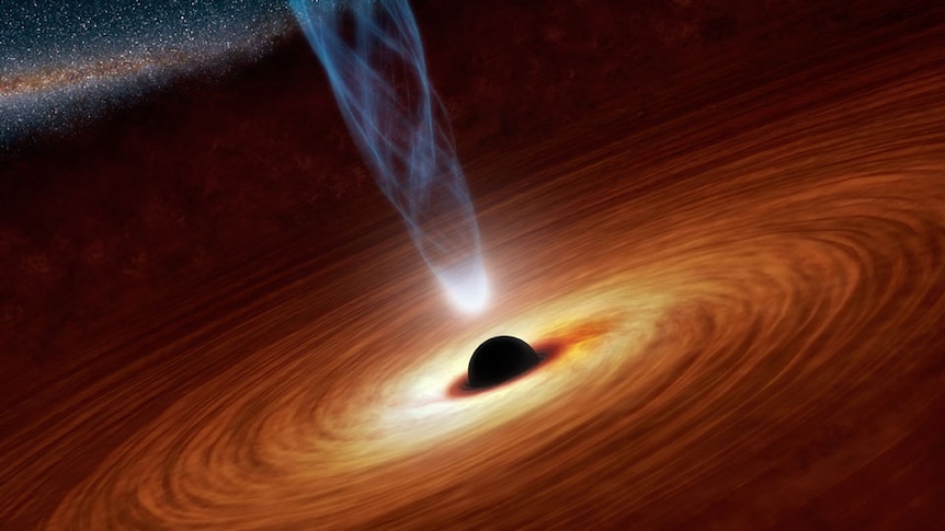 Artist's impression of a  supermassive black hole at the centre of a golden accretion disk.