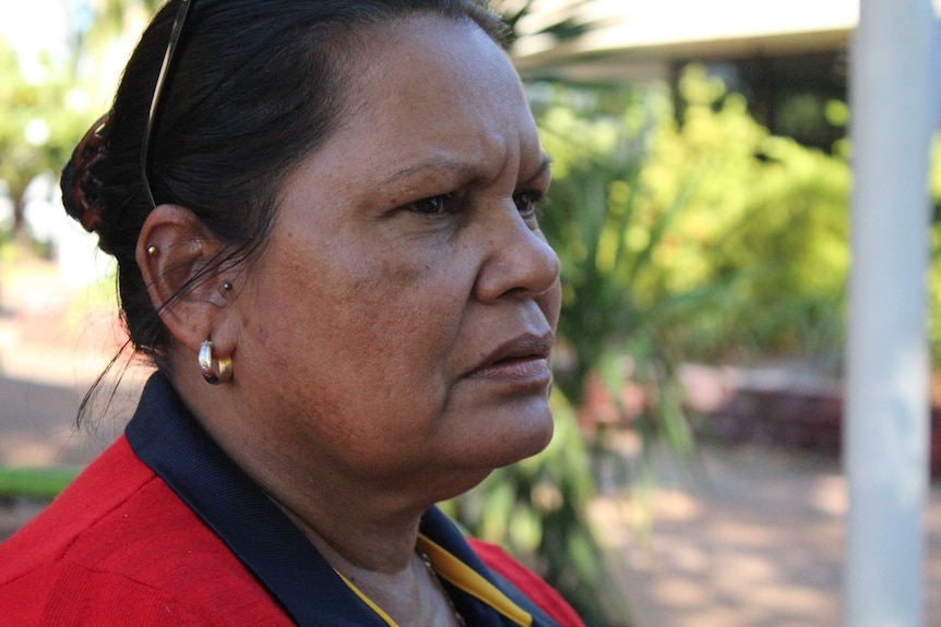 Roper Gulf Regional Council deputy mayor Helen Lee frowning, looking into the distance.