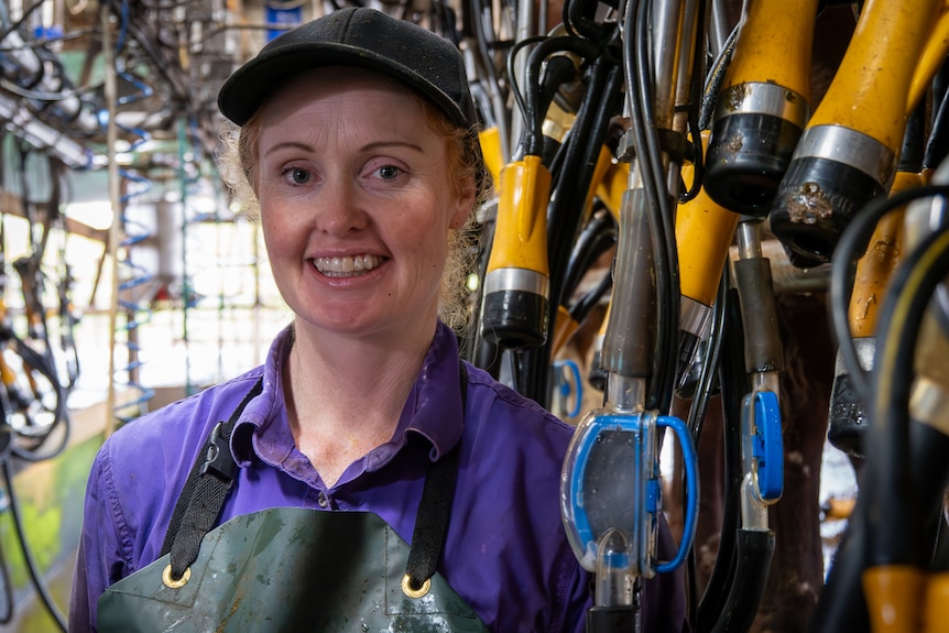 young woman in purple work shirt and apron standing amongst milking equipment