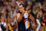 West Coast's Shannon Hurn celebrates a goal against GWS at Subiaco Oval on May 2, 2015.