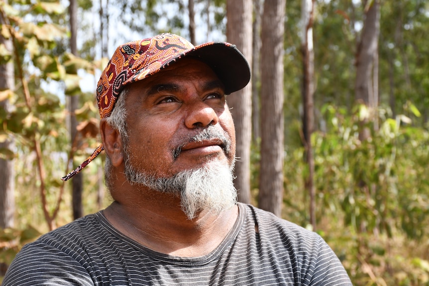 A man standing in bushland looking towards the sky