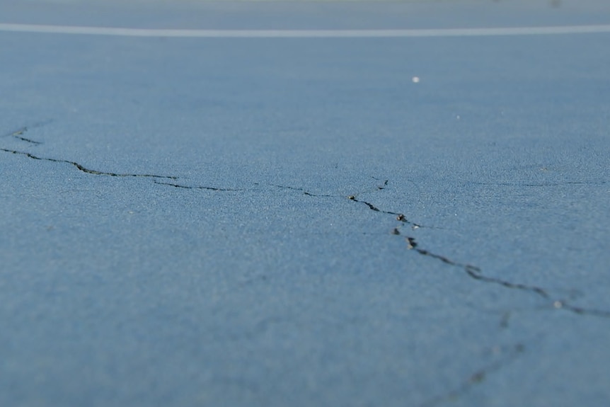 A crack breaks across the cement of the netball courts in Calwell.