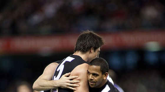 Lucky escape...Leon Davis scored three goals to help set up Collingwood's massive lead.