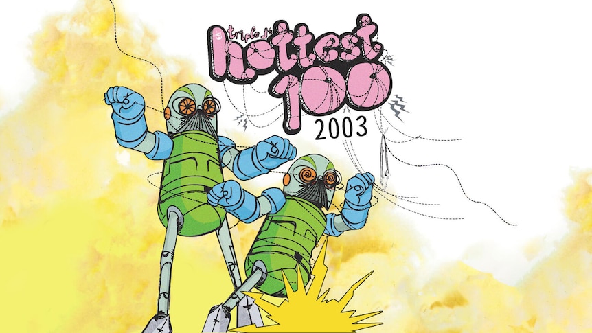 Cartoon robots under bubble pink writing that says 'Hottest 100 2003"