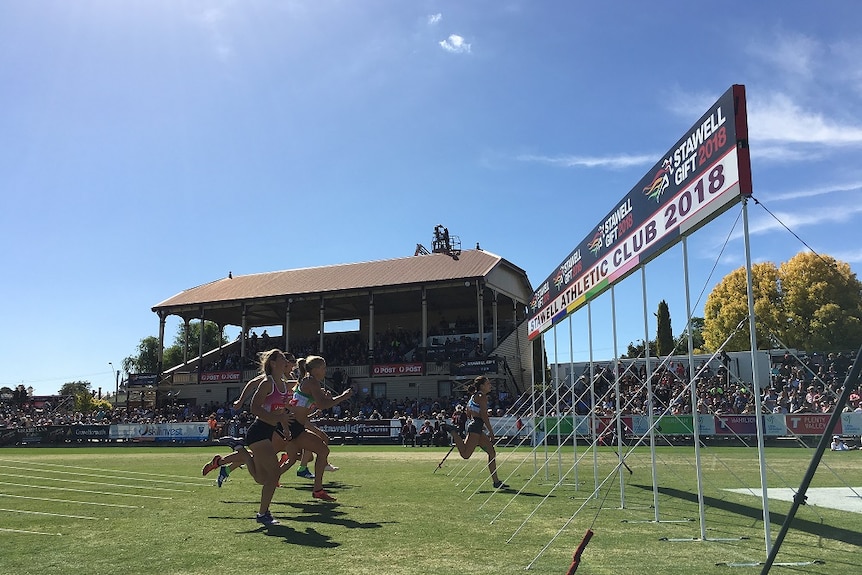Female runners cross the finish line of the Stawell Gift in Western Victoria.