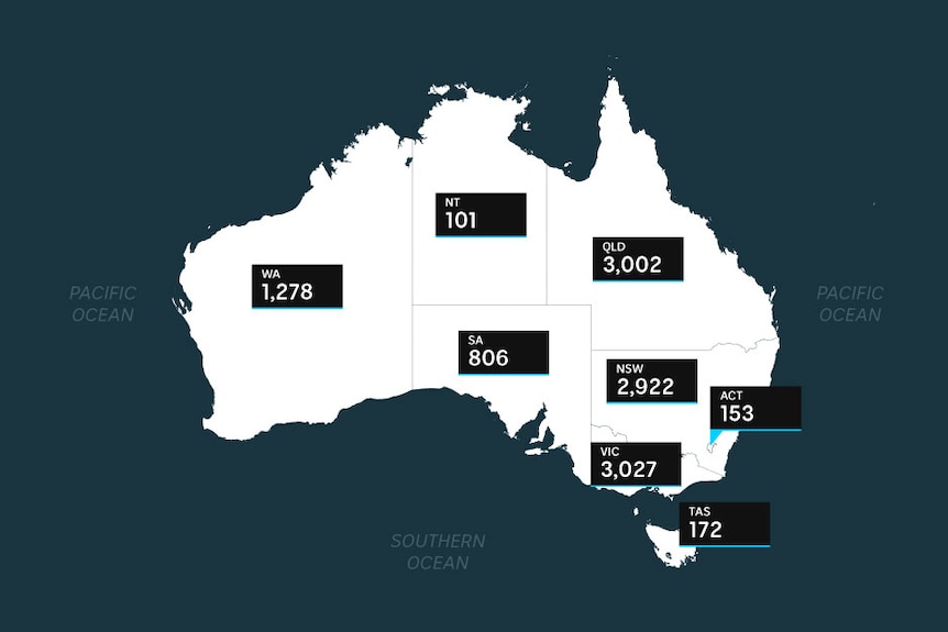 Map of Australia, with number of cyber crime victims for each state and territory.