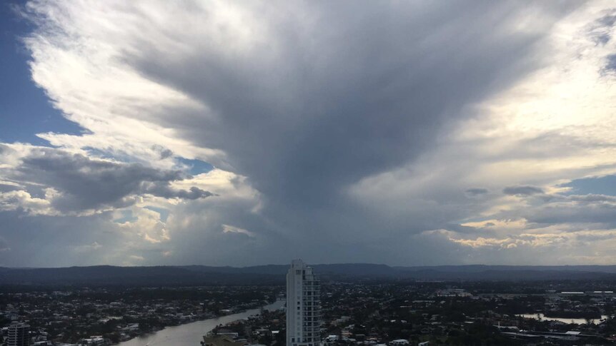Dark storm clouds gather over the Gold Coast hinterland