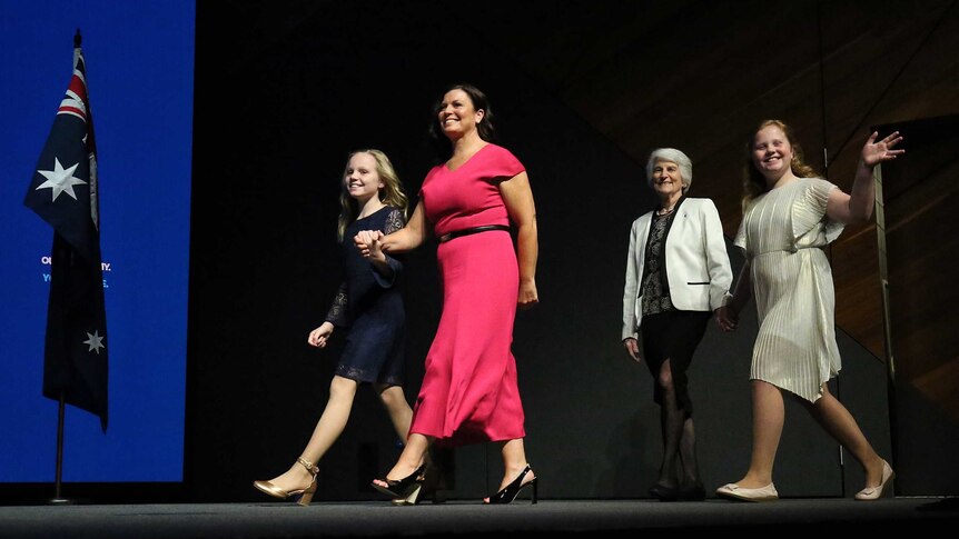 Scott Morrison's wife, Jenny; his mother, Marion; and his daughters at the Coalition's federal election campaign launch.