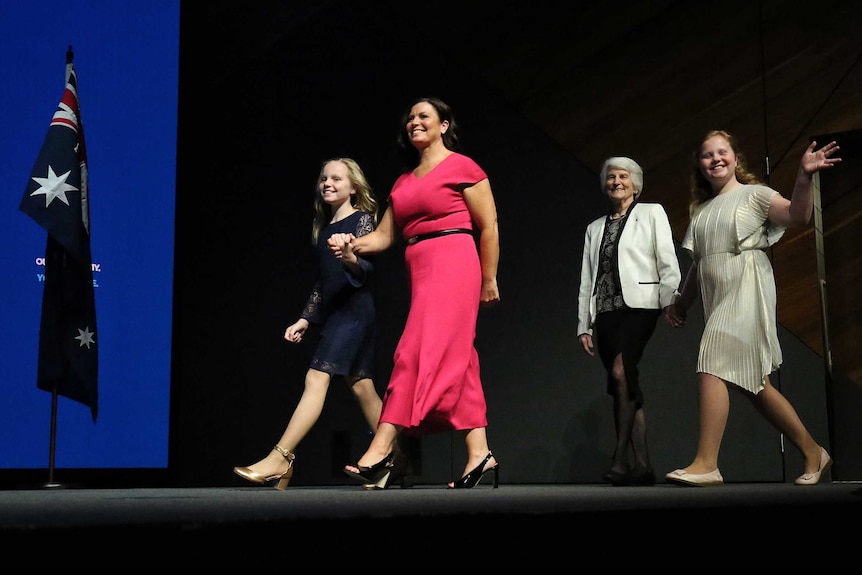 Scott Morrison's wife, Jenny; his mother, Marion; and his daughters at the Coalition's federal election campaign launch.