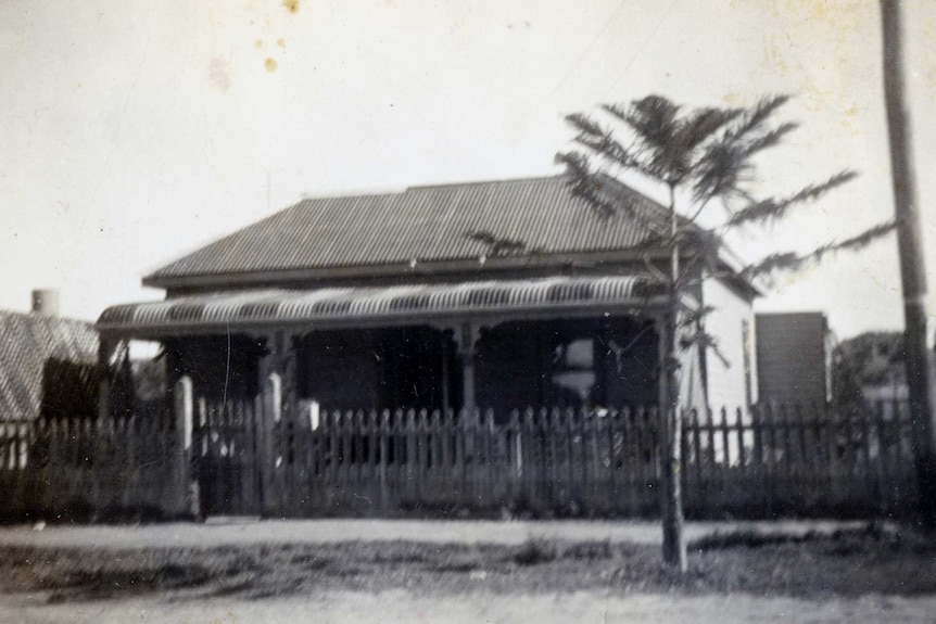 An old scanned photo of a timber cottage with tin roof and a small Norfolk pine tree on the verge.