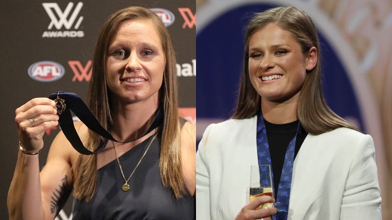 A split photo of the two winners of the 2021 AFLW best-and-fairest award, holding their medals.
