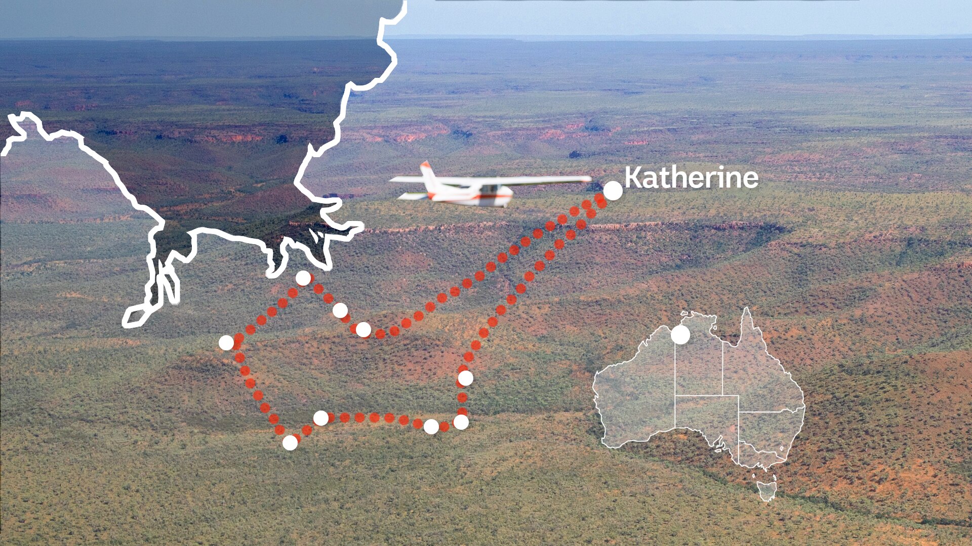 Image of a small plane flying over an outback landscape superimposed with a map of the plane's route south-west of Katherine.