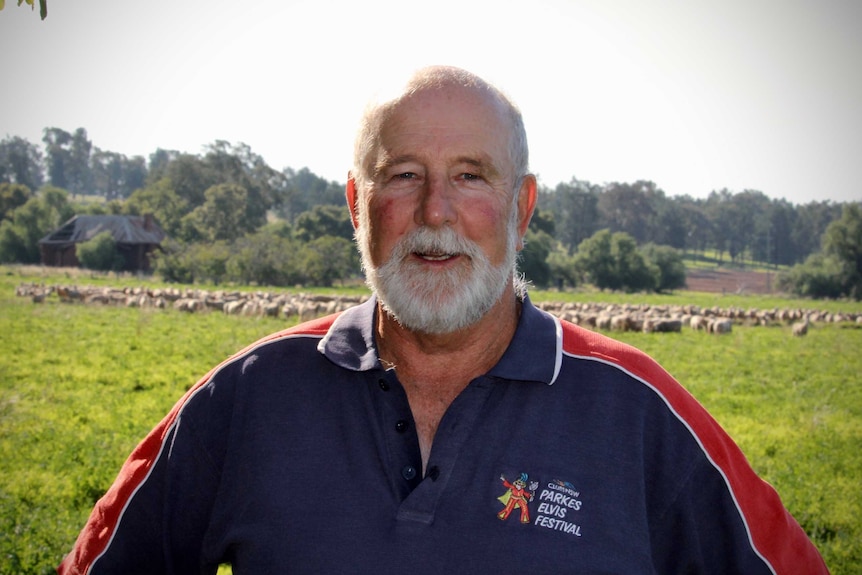 Parkes Mayor Ken Keith stands in front of sheep grazing on some grass.