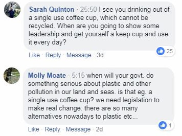 A screenshot of two Facebook comments questioning Mark McGowan's use of a paper coffee cup during an interview.