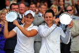 Barty and Dellacqua with their Wimbledon runners-up trophies