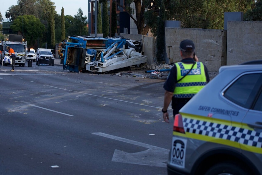 The scene of a truck crash  at the bottom of the South Eastern Freeway.