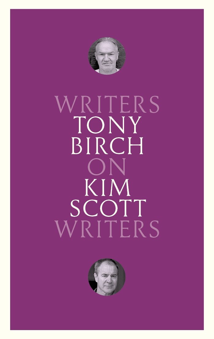 A book cover with a purple background, white text and two small circular black and white photos of male authors