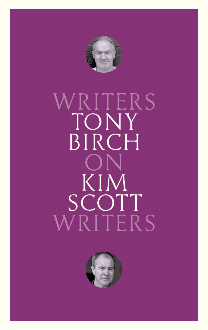 A book cover with a purple background, white text and two small circular black and white photos of male authors