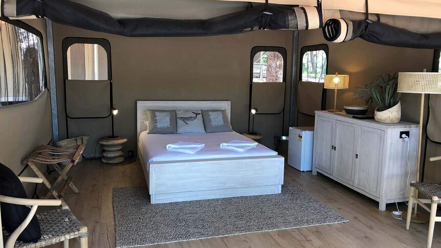 Interior of a 'glamping' tent at Adder Rock campground on North Stradbroke Island off Brisbane.