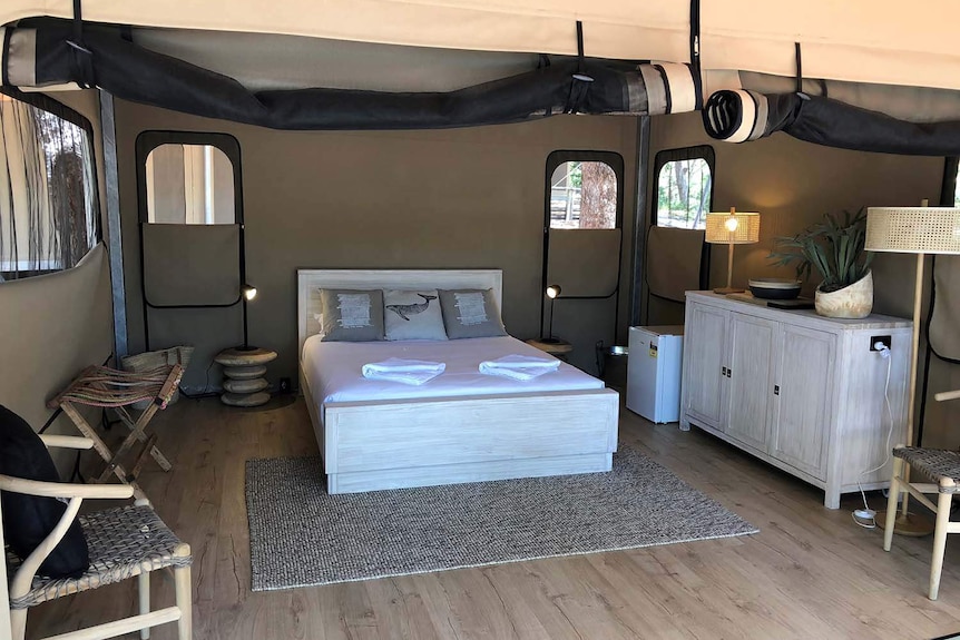 Interior of a 'glamping' tent at Adder Rock campground on North Stradbroke Island off Brisbane.