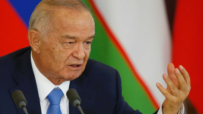 Uzbek President Islam Karimov speaking during a press conference in Moscow, April 26 2016.