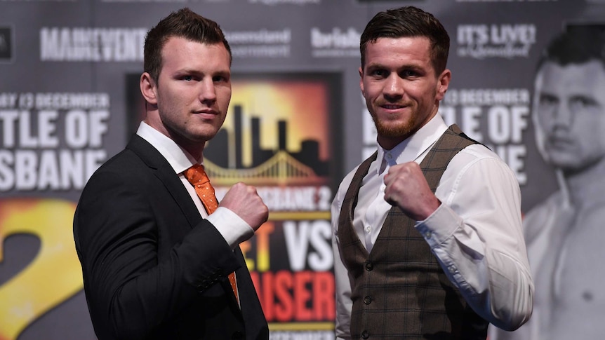 WBO welterweight champion Jeff Horn (left) and English challenger Gary Corcoran.