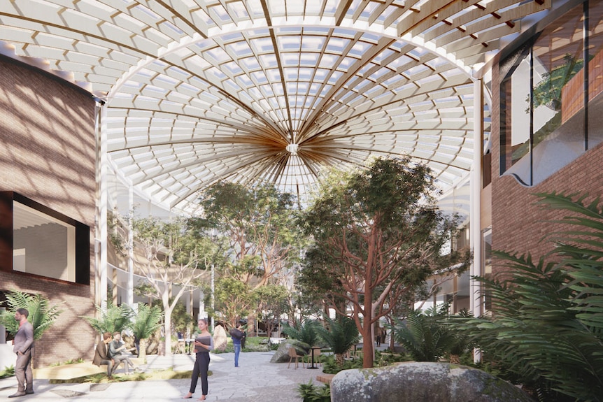 An artist's impression of an atrium with a glass dome and trees growing inside.