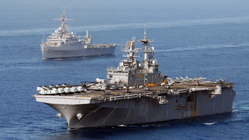 The aircraft carrier USS Bonhomme Richard at sea.