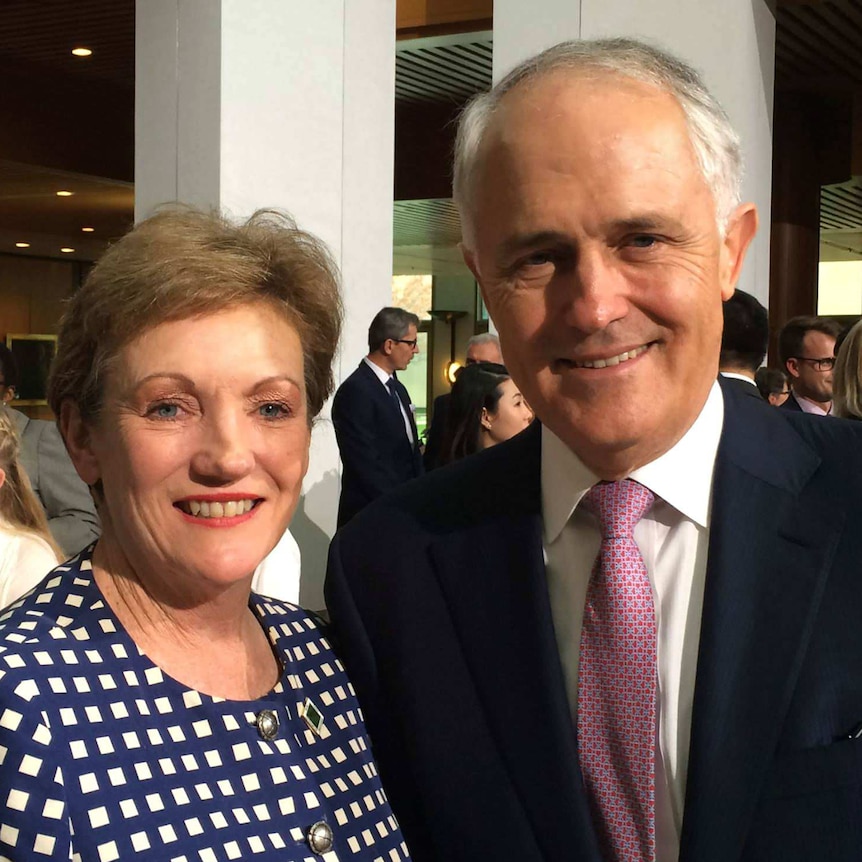 Jane Prentice, wearing a white and blue checked dress, smiles for a photo with Malcolm Turnbull, sporting a mauve patterned tie.