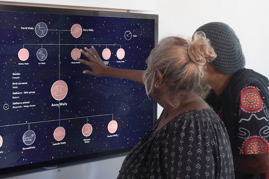 Two women looking at a screen showing interconnected circles.