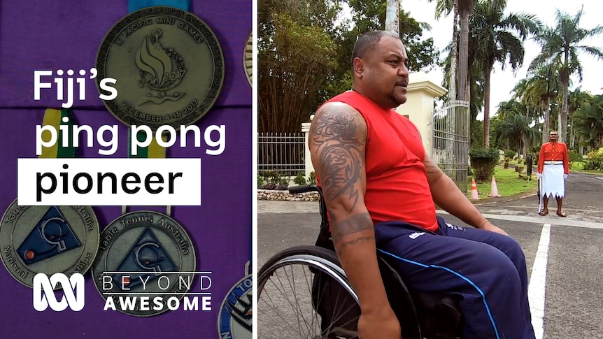 Iakoba (Kope) Taberanibou sits in a wheelchair. Text says Fiji's ping pong pioneer.