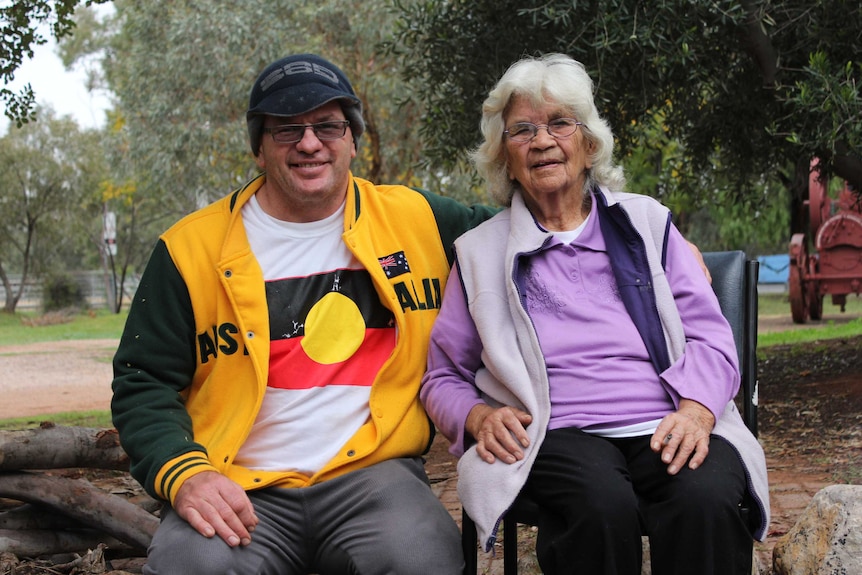 Barkindji elder Gertrude Gittins, right, and her son Brad, at the Wilcannia protest.